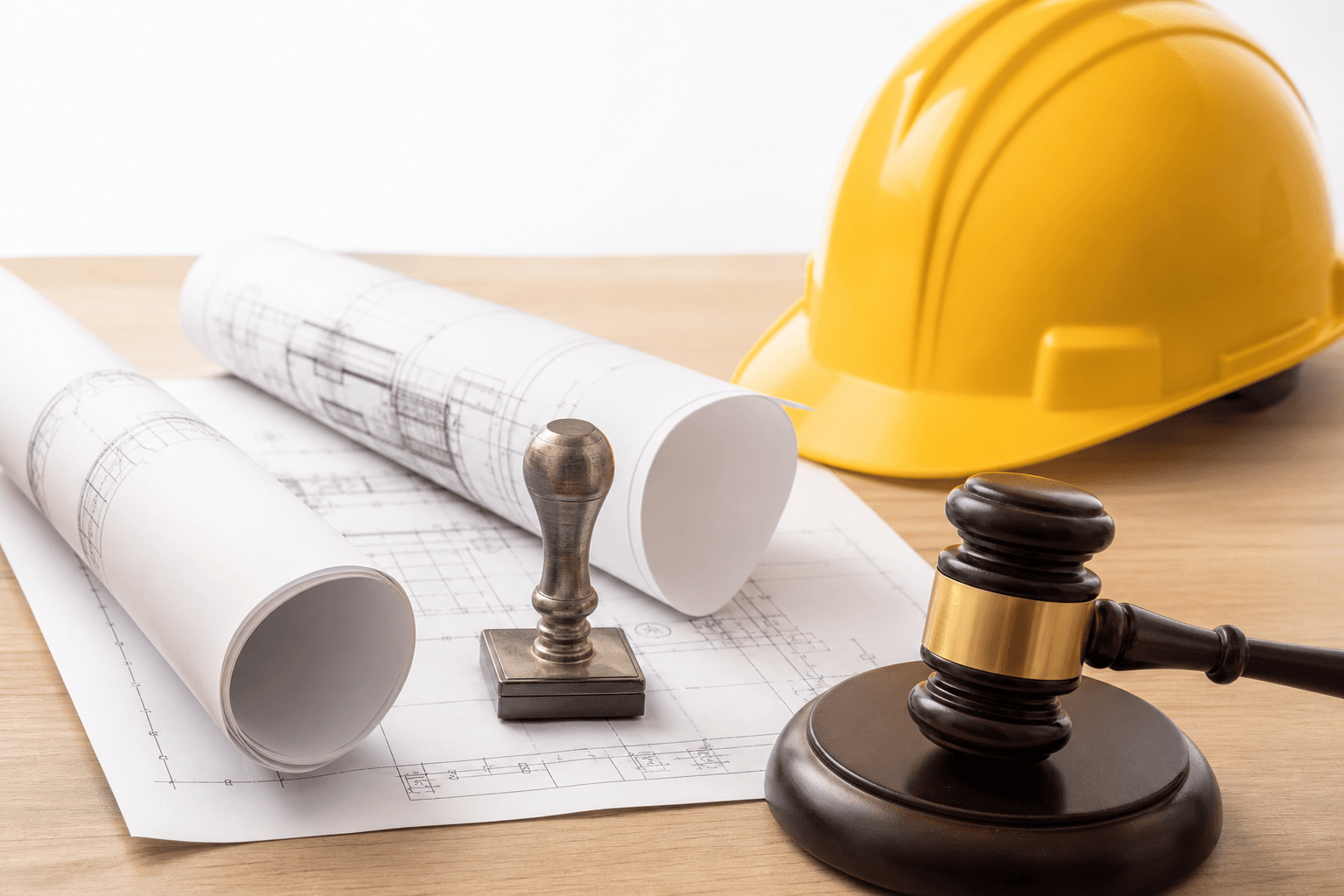 Construction blueprints, hard hat, and legal gavel representing California contractor bond requirements
